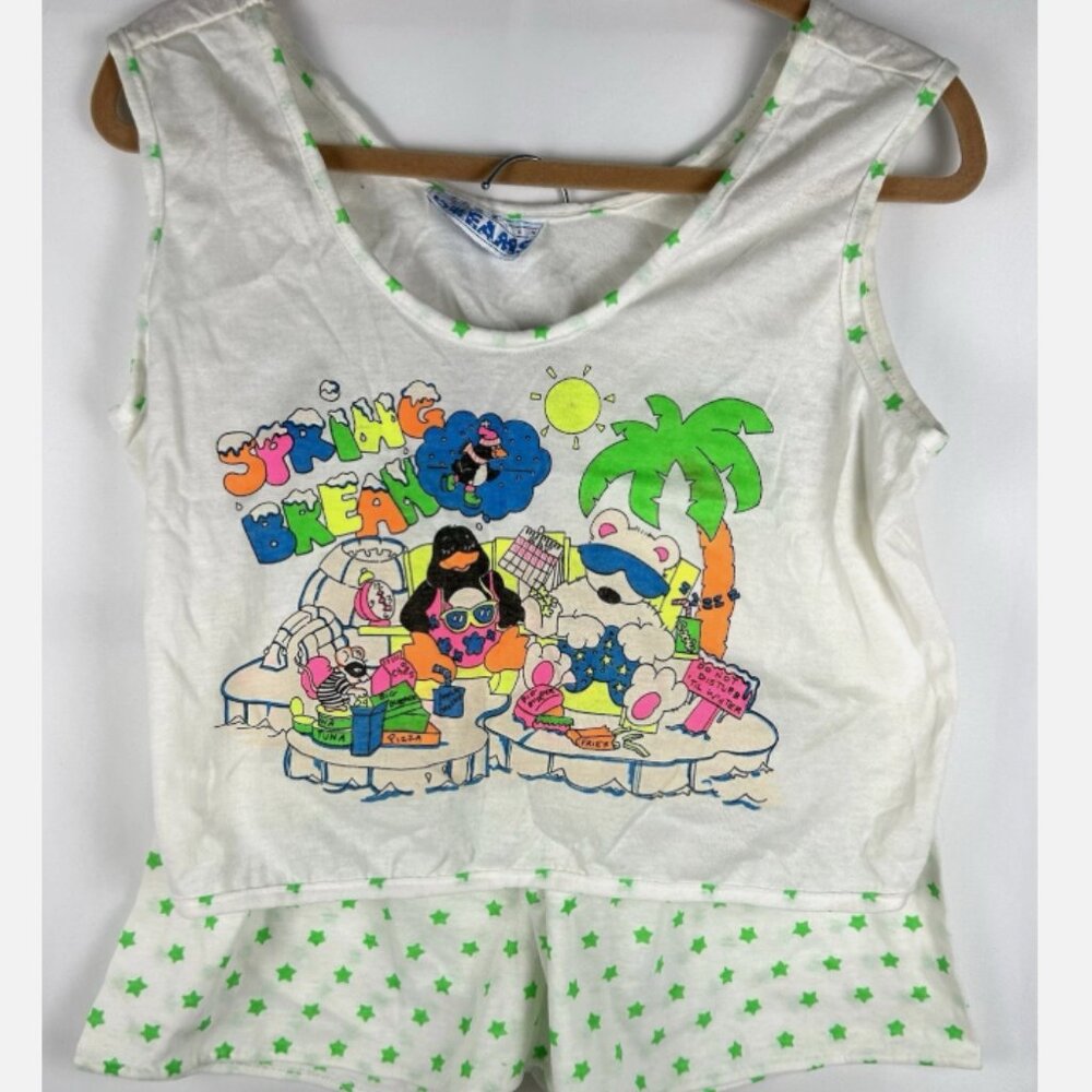 NWOT Vtg 80s Novelty Animals 2 Pc Neon Pajamas PJs Set Sz L Penguin Spring Break